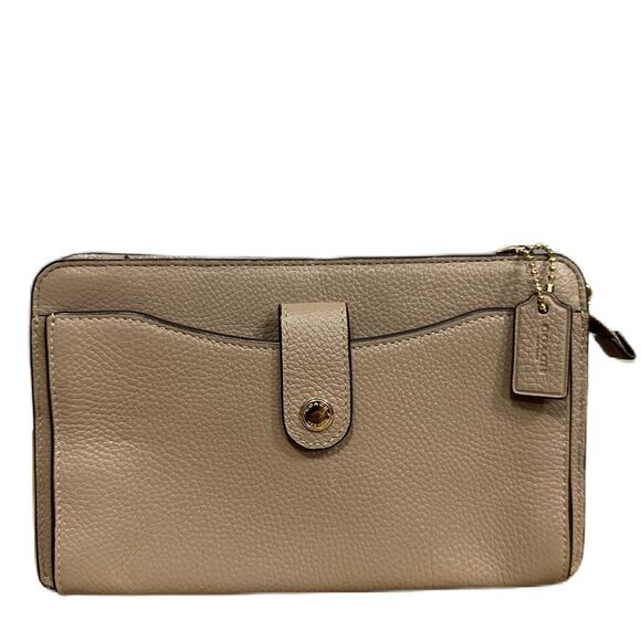 Excellent Coach Tan Pebble Leather Phone Case Designer Wallet - Picture 1 of 9